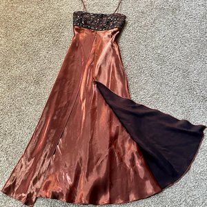 Bronze color formal gown with jeweled bodice and flowing skirt in size 6